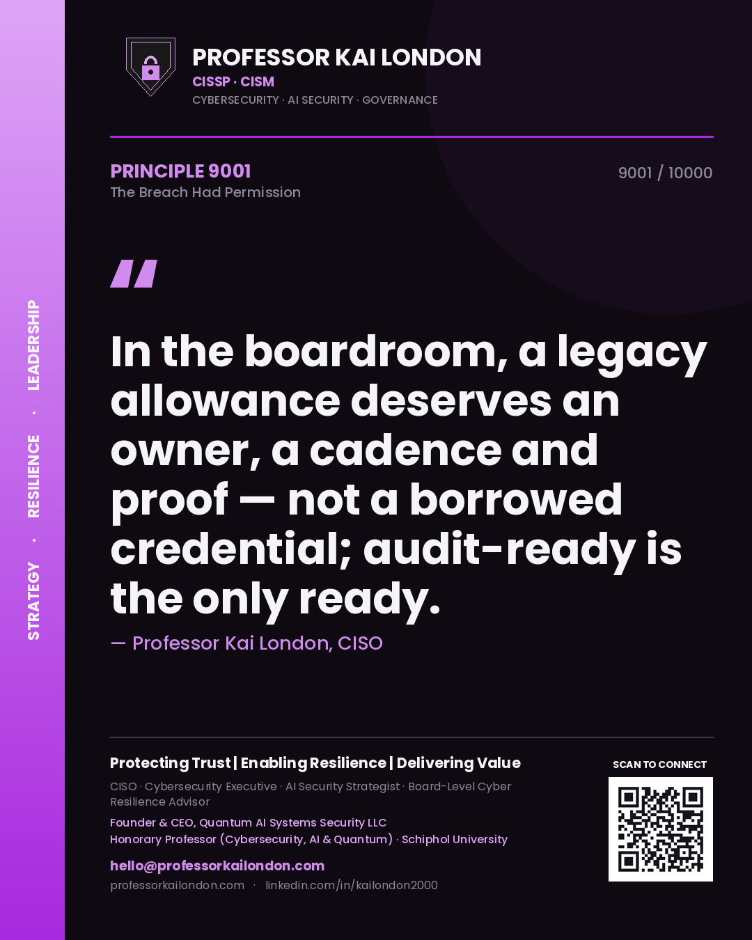 Professor Kai London principle 9001: In the boardroom, a legacy allowance deserves an owner, a cadence and proof — not a borrowed credential; audit-ready is the only ready.