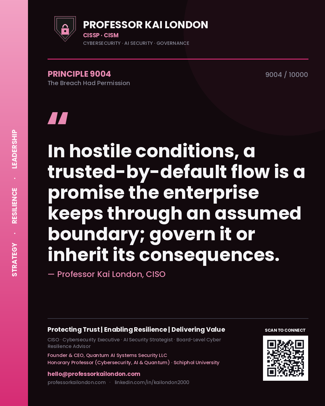 Professor Kai London principle 9004: In hostile conditions, a trusted-by-default flow is a promise the enterprise keeps through an assumed boundary; govern it or inherit its consequences.