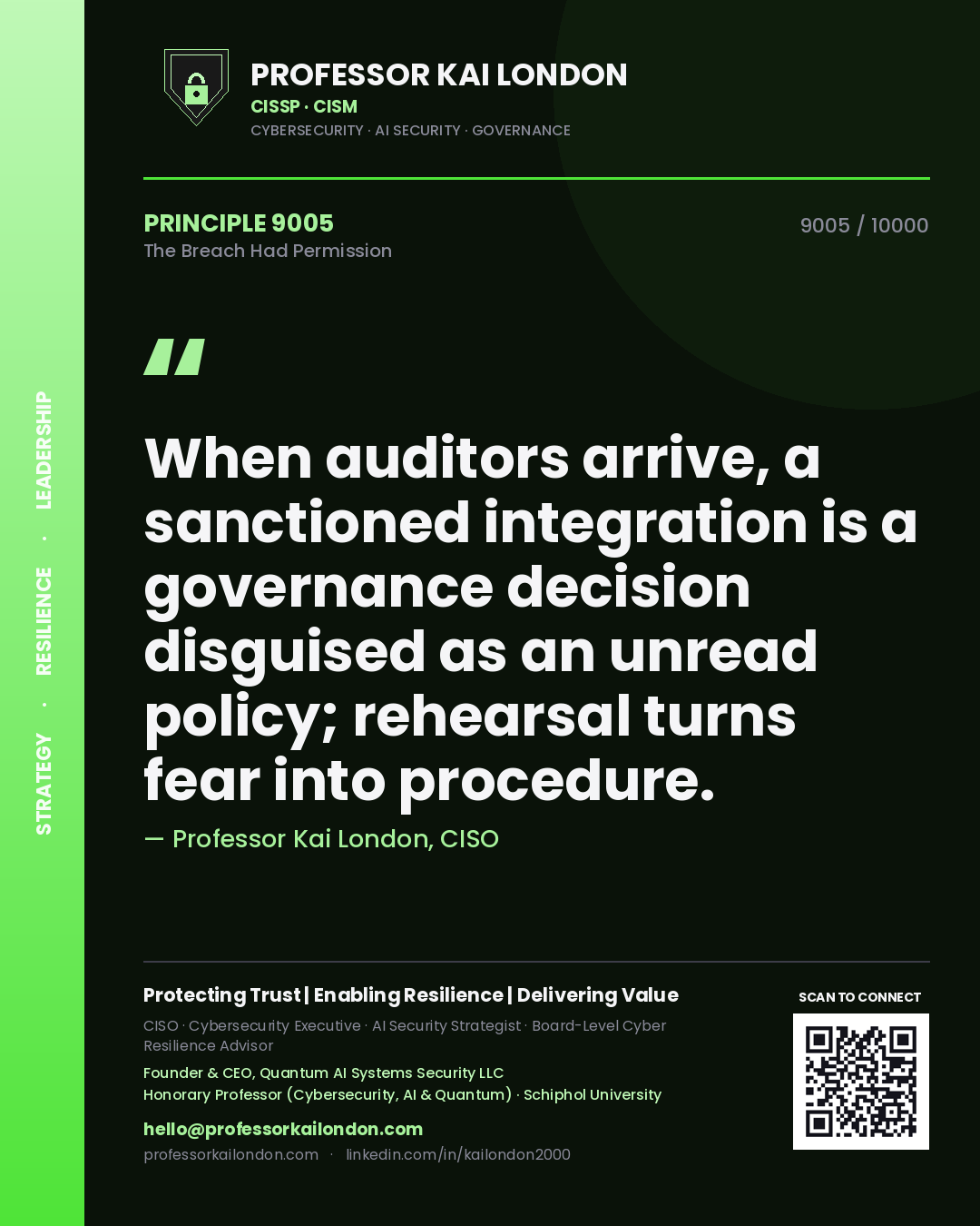 Professor Kai London principle 9005: When auditors arrive, a sanctioned integration is a governance decision disguised as an unread policy; rehearsal turns fear into procedure.