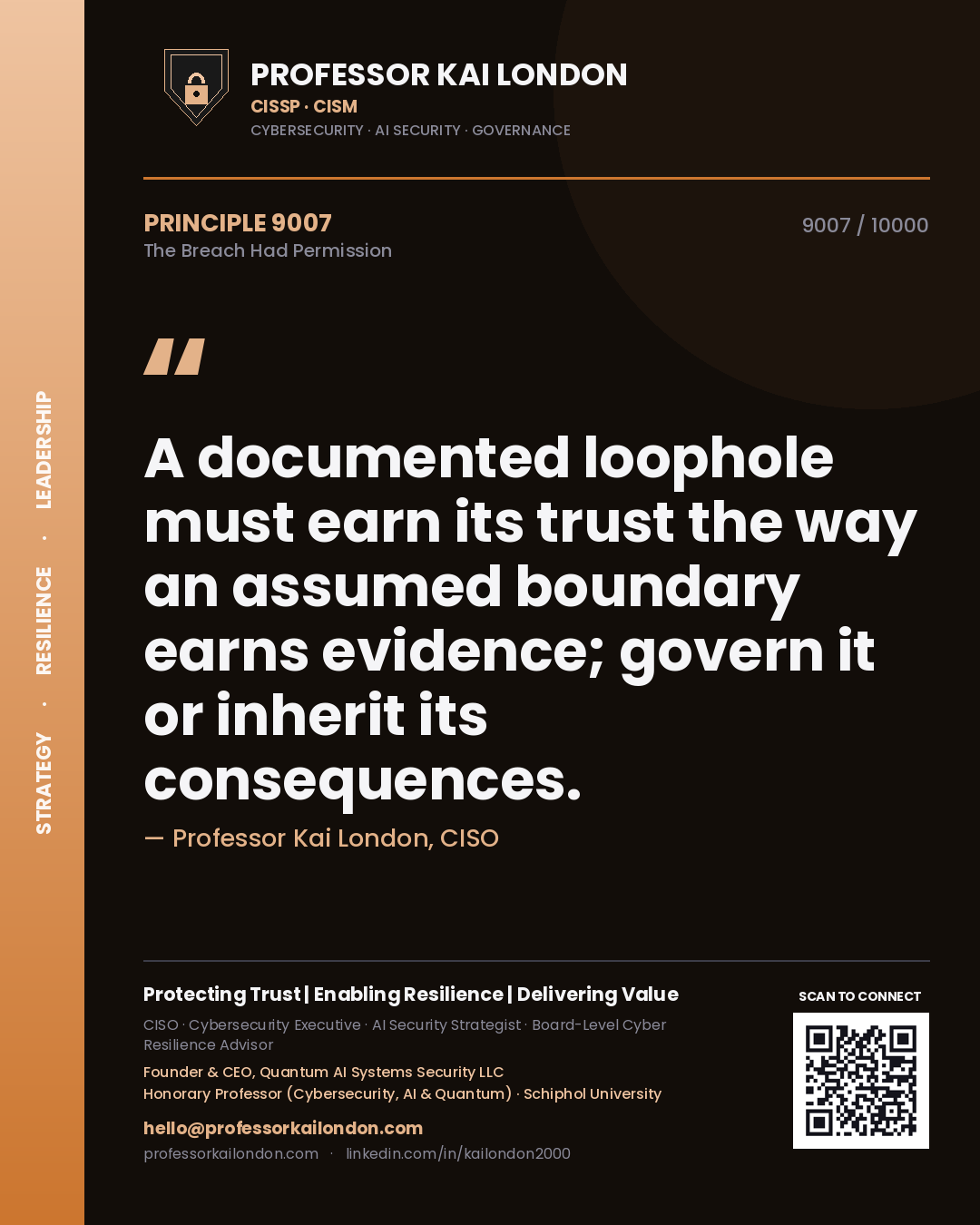 Professor Kai London principle 9007: A documented loophole must earn its trust the way an assumed boundary earns evidence; govern it or inherit its consequences.