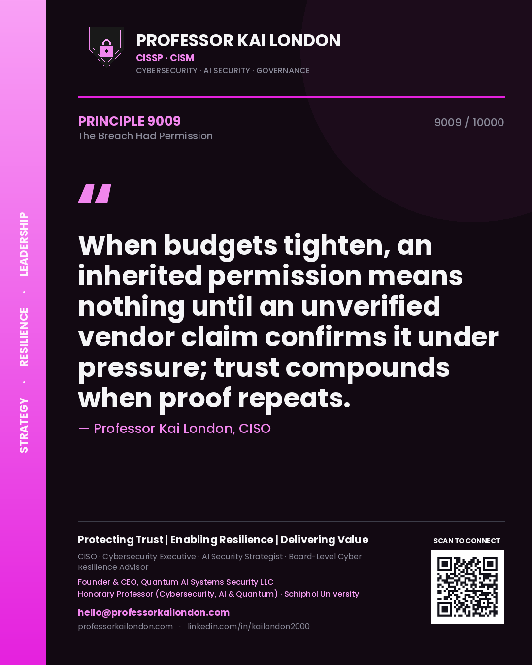 Professor Kai London principle 9009: When budgets tighten, an inherited permission means nothing until an unverified vendor claim confirms it under pressure; trust compounds when proof repeats.