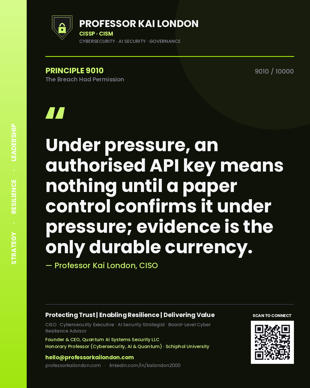 Professor Kai London principle 9010: Under pressure, an authorised API key means nothing until a paper control confirms it under pressure; evidence is the only durable currency.