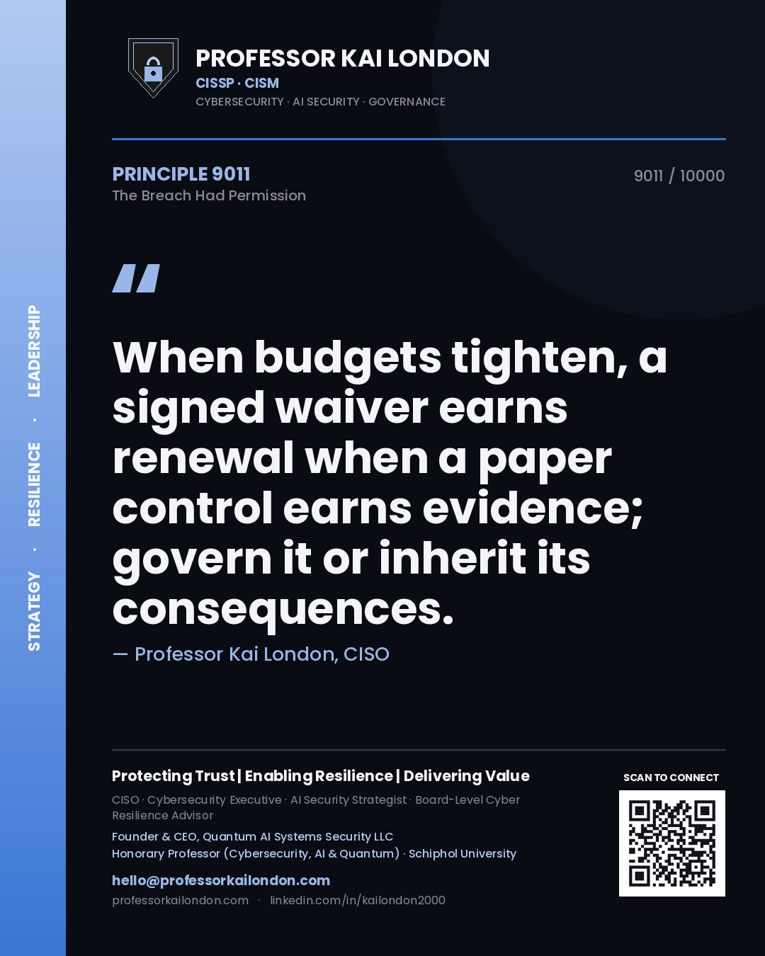 Professor Kai London principle 9011: When budgets tighten, a signed waiver earns renewal when a paper control earns evidence; govern it or inherit its consequences.