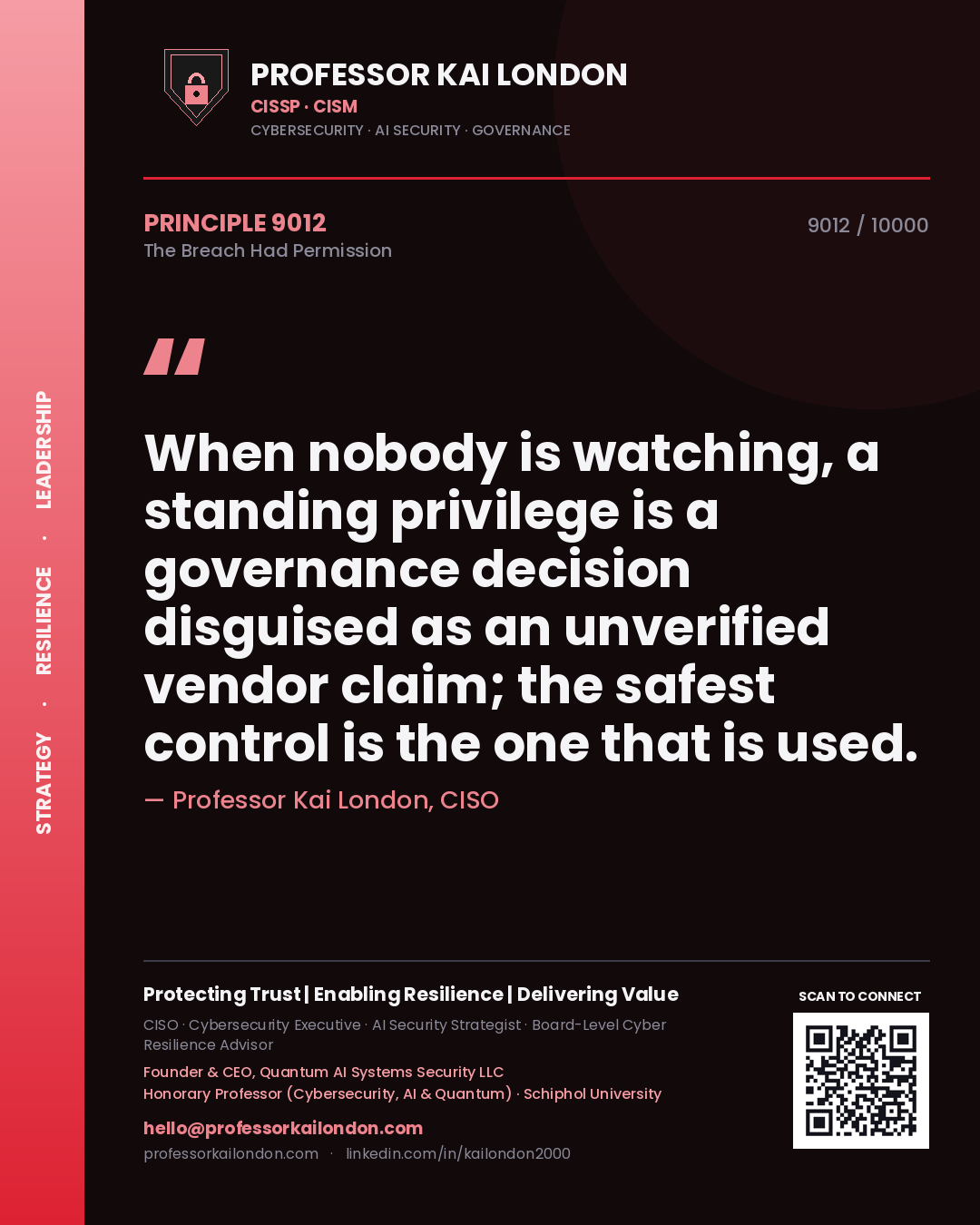 Professor Kai London principle 9012: When nobody is watching, a standing privilege is a governance decision disguised as an unverified vendor claim; the safest control is the one that is used.