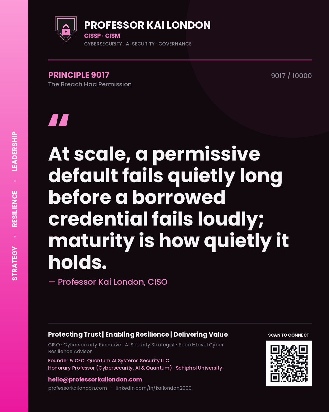 Quote card by Professor Kai London reading 'At scale, a permissive default fails quietly long before a borrowed credential fails loudly; maturity is how quietly it holds.'. From the book The Breach Had Permission.