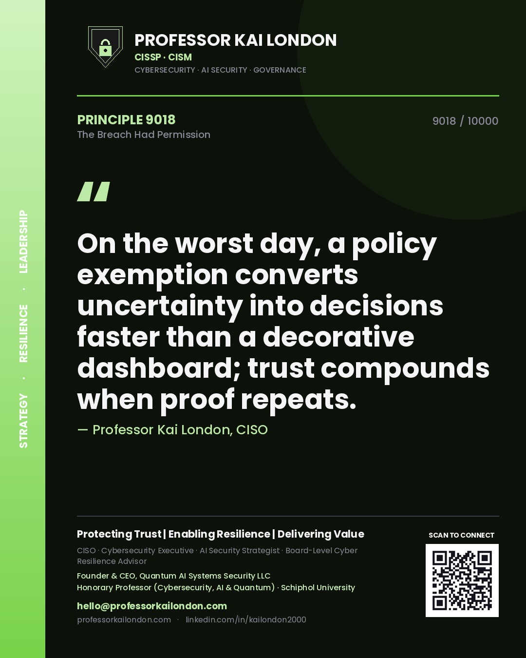 Professor Kai London principle 9018: On the worst day, a policy exemption converts uncertainty into decisions faster than a decorative dashboard; trust compounds when proof repeats.