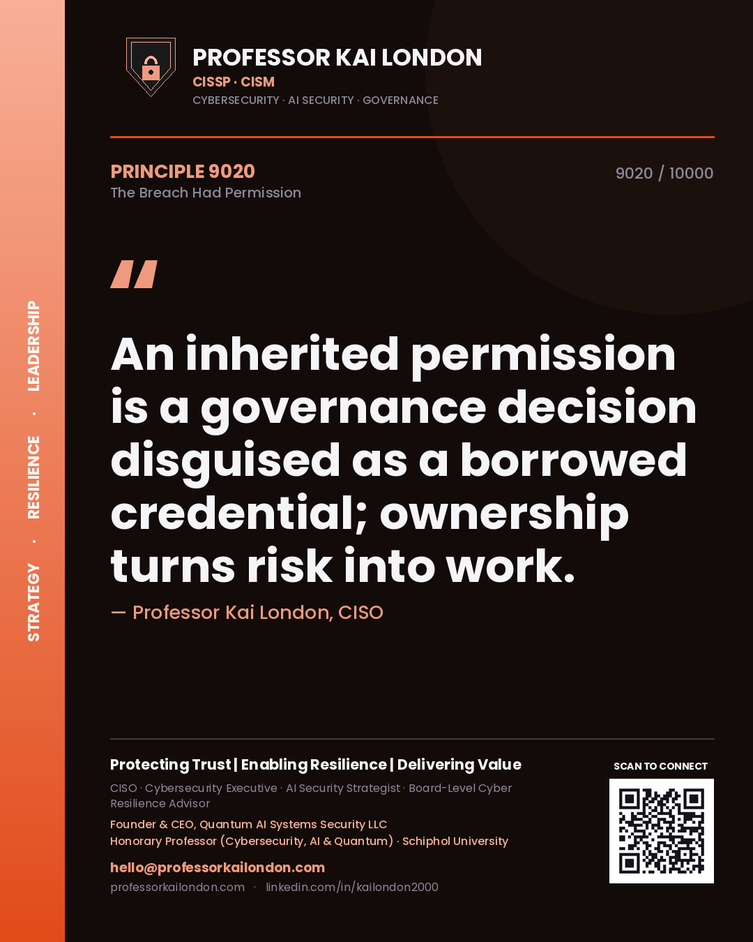 Professor Kai London principle 9020: An inherited permission is a governance decision disguised as a borrowed credential; ownership turns risk into work.