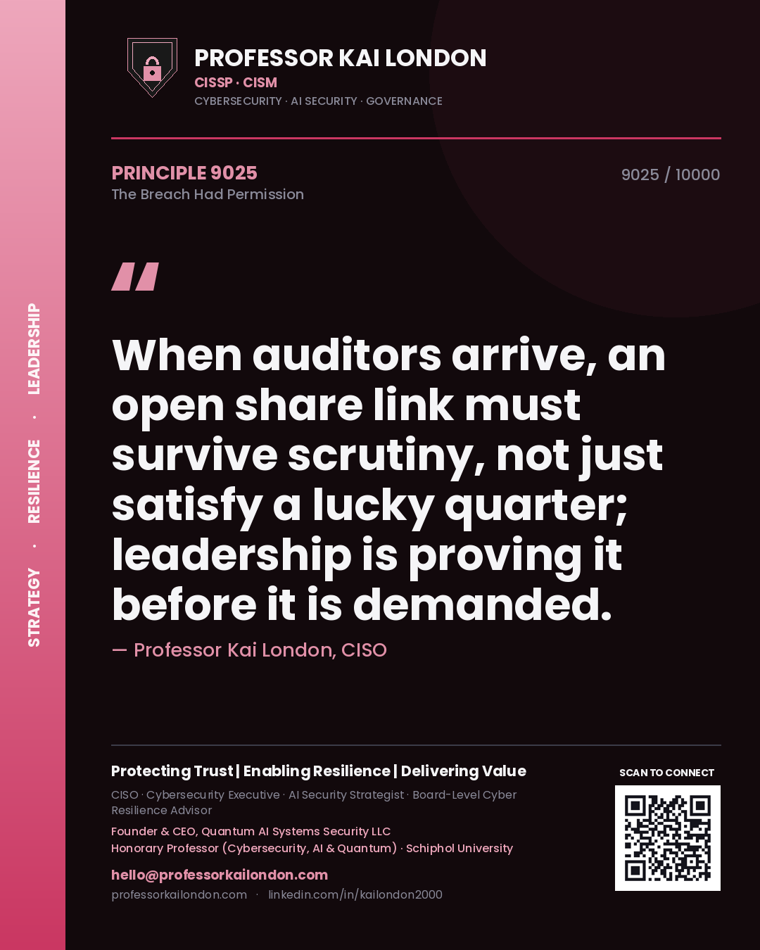 Professor Kai London principle 9025: When auditors arrive, an open share link must survive scrutiny, not just satisfy a lucky quarter; leadership is proving it before it is demanded.