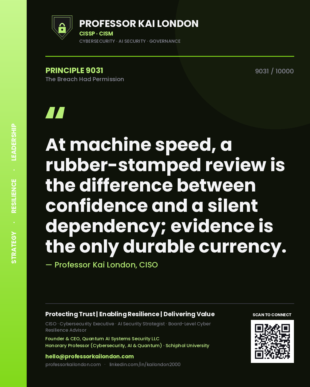 Professor Kai London principle 9031: At machine speed, a rubber-stamped review is the difference between confidence and a silent dependency; evidence is the only durable currency.
