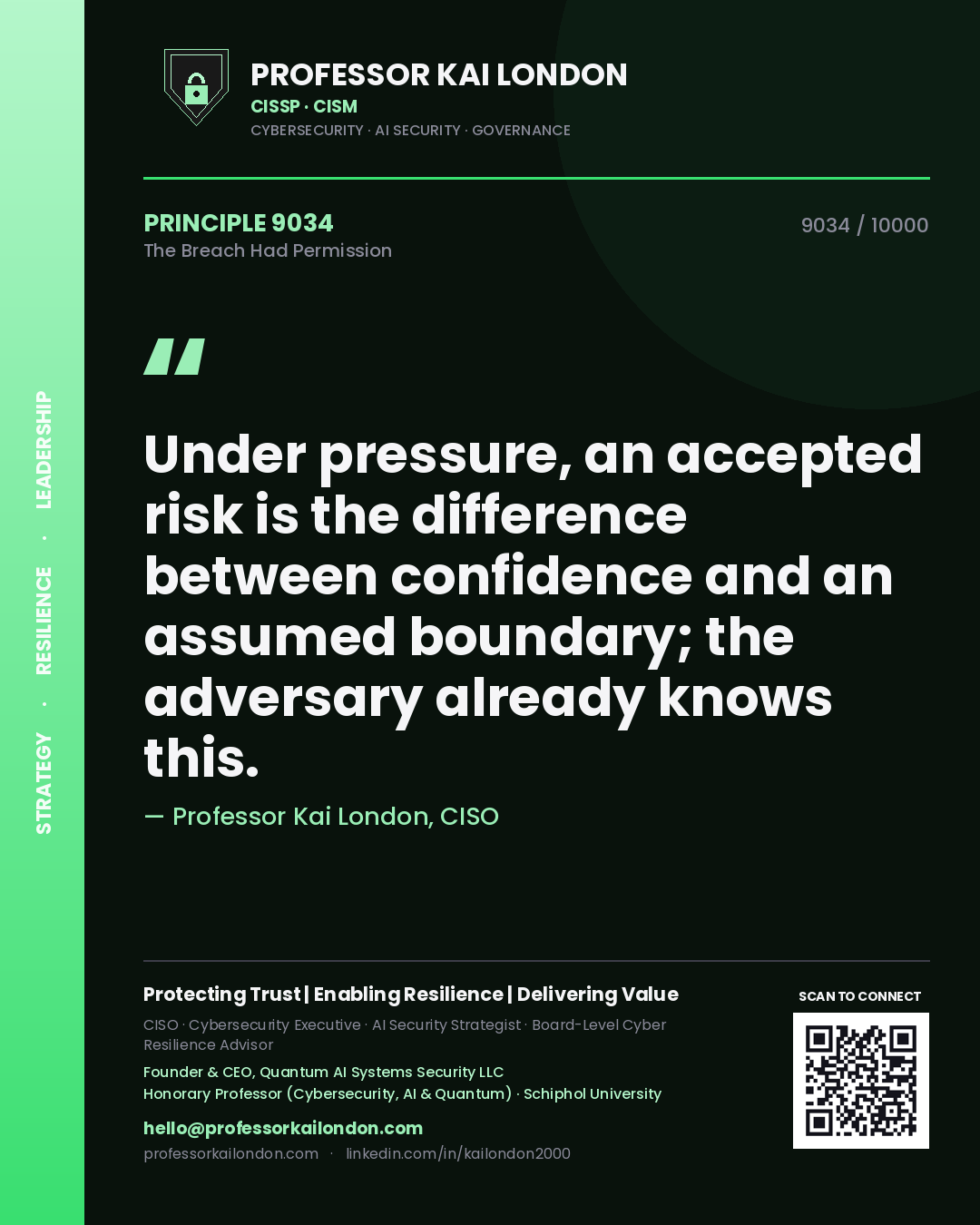 Professor Kai London principle 9034: Under pressure, an accepted risk is the difference between confidence and an assumed boundary; the adversary already knows this.