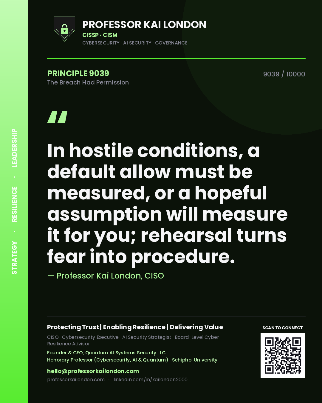 Professor Kai London principle 9039: In hostile conditions, a default allow must be measured, or a hopeful assumption will measure it for you; rehearsal turns fear into procedure.