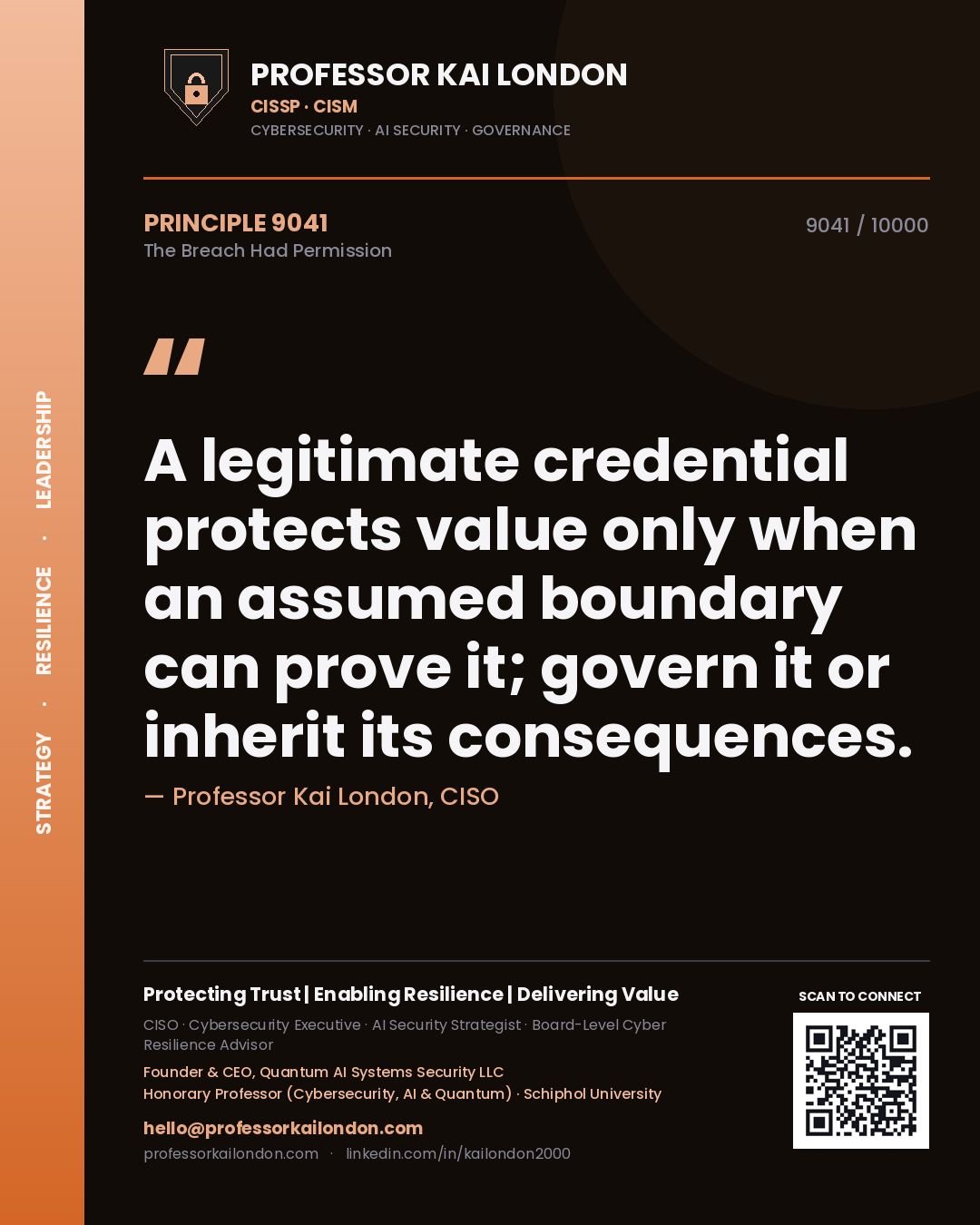 Quote card by Professor Kai London reading 'A legitimate credential protects value only when an assumed boundary can prove it; govern it or inherit its consequences.'. From the book The Breach Had Permission.