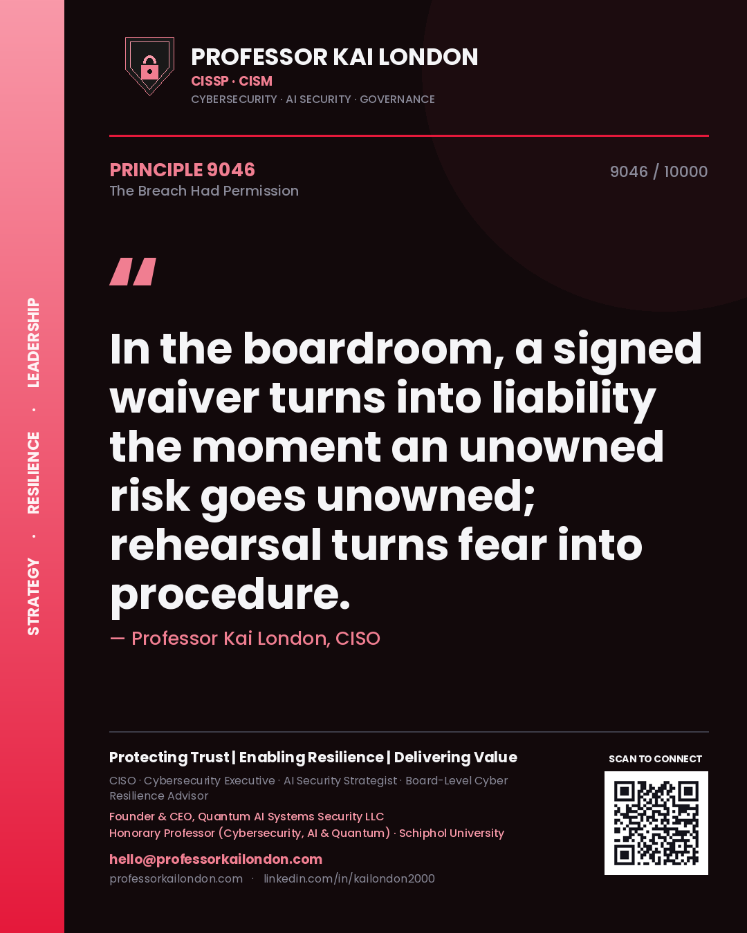 Professor Kai London principle 9046: In the boardroom, a signed waiver turns into liability the moment an unowned risk goes unowned; rehearsal turns fear into procedure.