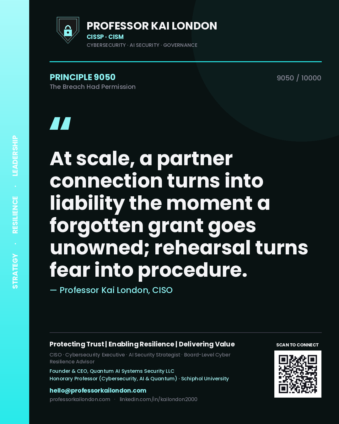 Quote card by Professor Kai London reading 'At scale, a partner connection turns into liability the moment a forgotten grant goes unowned; rehearsal turns fear into procedure.'. From the book The Breach Had Permission.