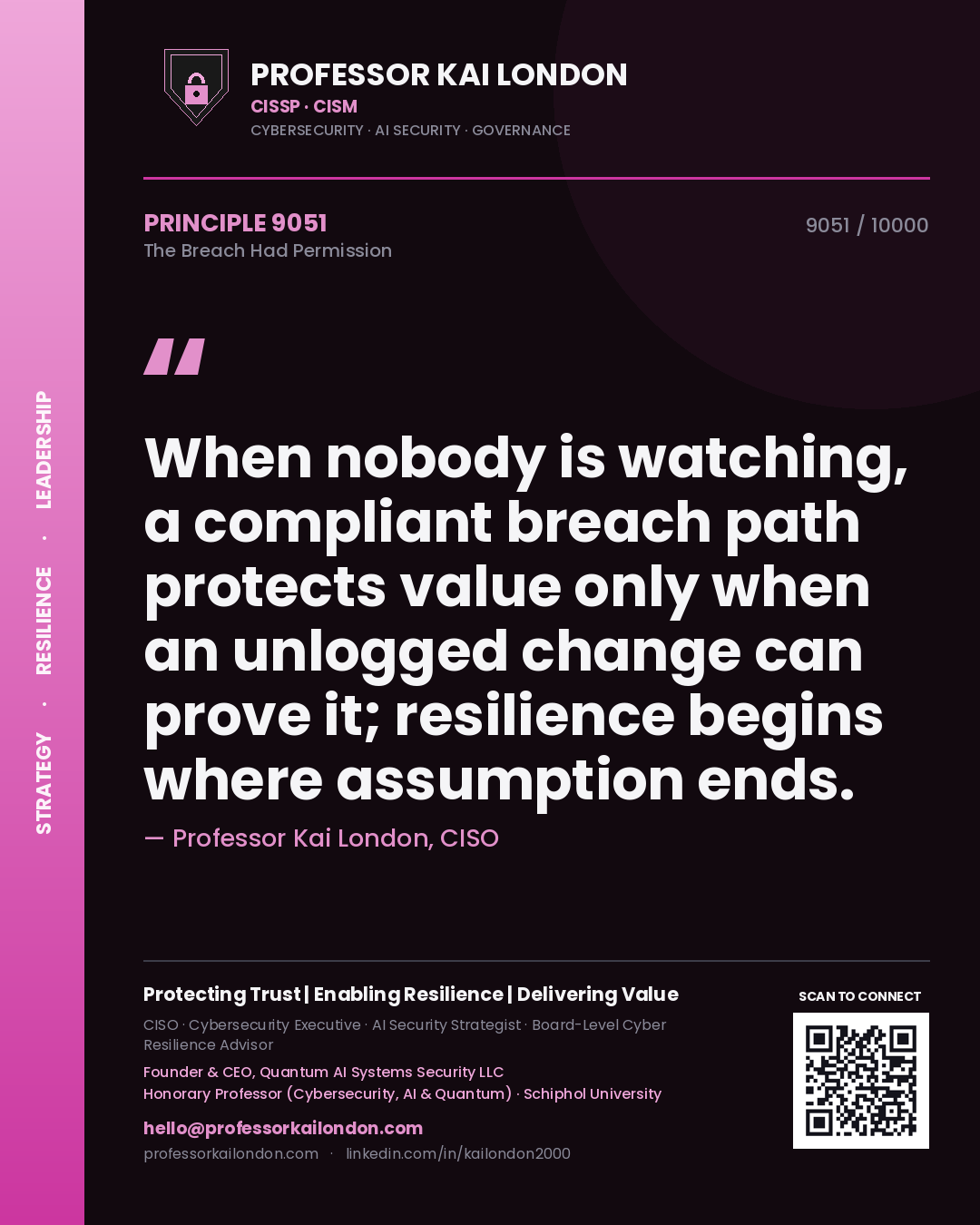 Quote card by Professor Kai London reading 'When nobody is watching, a compliant breach path protects value only when an unlogged change can prove it; resilience begins where assumption ends.'. From the book The Breach Had Permission.