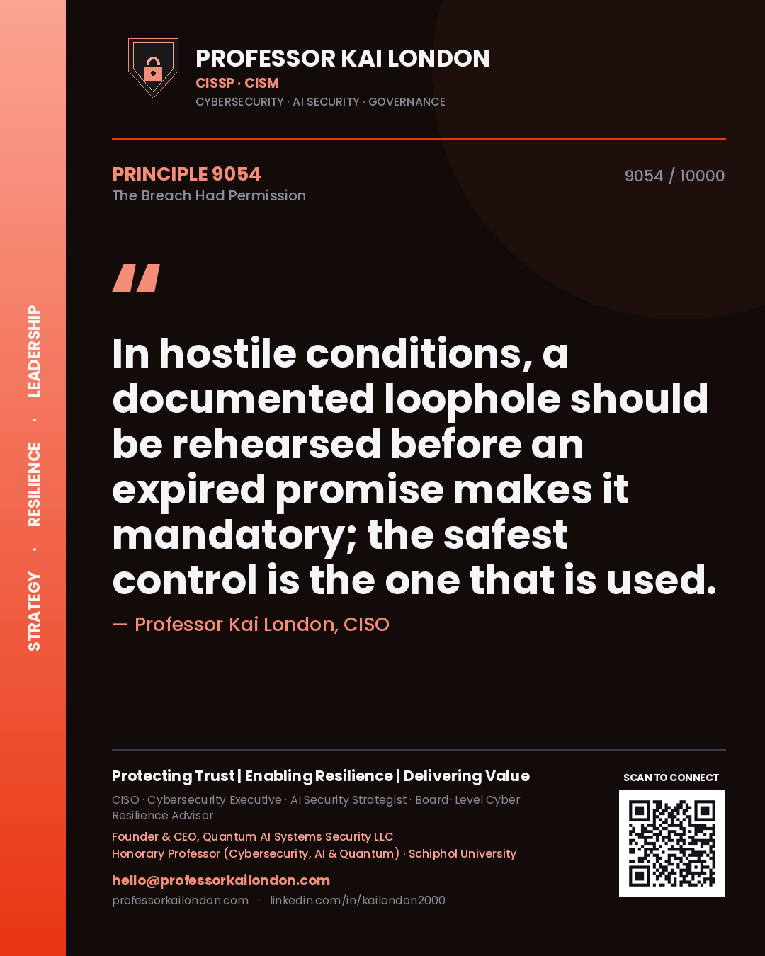 Professor Kai London principle 9054: In hostile conditions, a documented loophole should be rehearsed before an expired promise makes it mandatory; the safest control is the one that is used.
