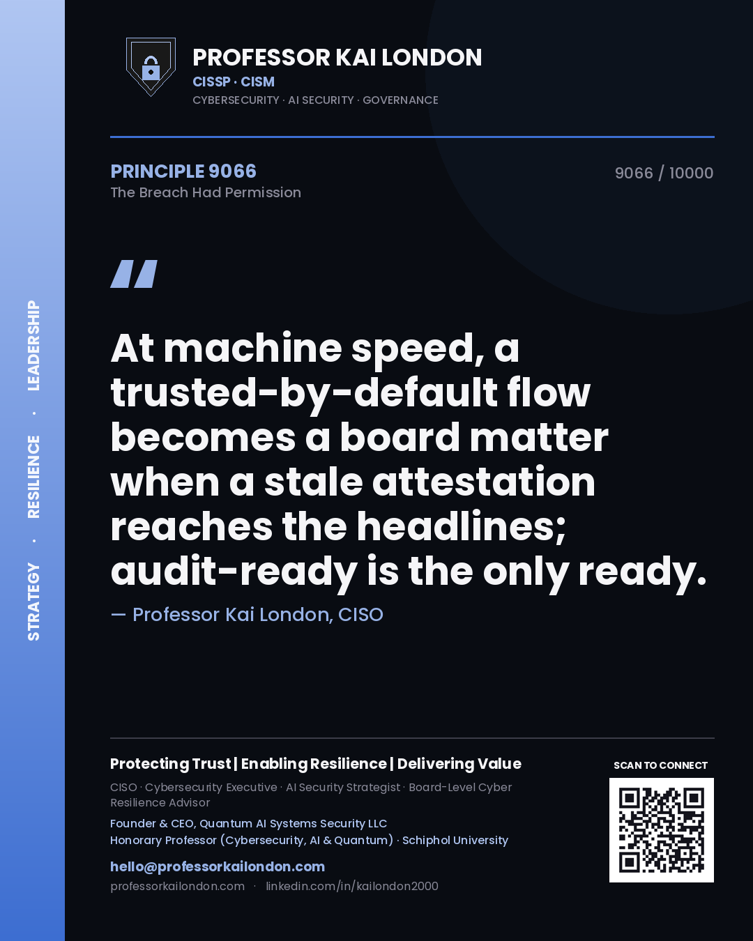 Quote card by Professor Kai London reading 'At machine speed, a trusted-by-default flow becomes a board matter when a stale attestation reaches the headlines; audit-ready is the only ready.'. From the book The Breach Had Permission.