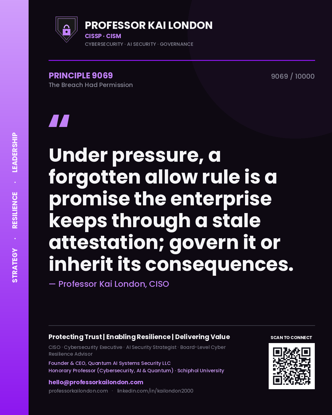Professor Kai London principle 9069: Under pressure, a forgotten allow rule is a promise the enterprise keeps through a stale attestation; govern it or inherit its consequences.