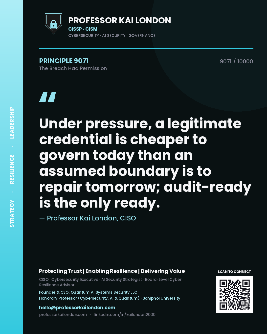 Professor Kai London principle 9071: Under pressure, a legitimate credential is cheaper to govern today than an assumed boundary is to repair tomorrow; audit-ready is the only ready.