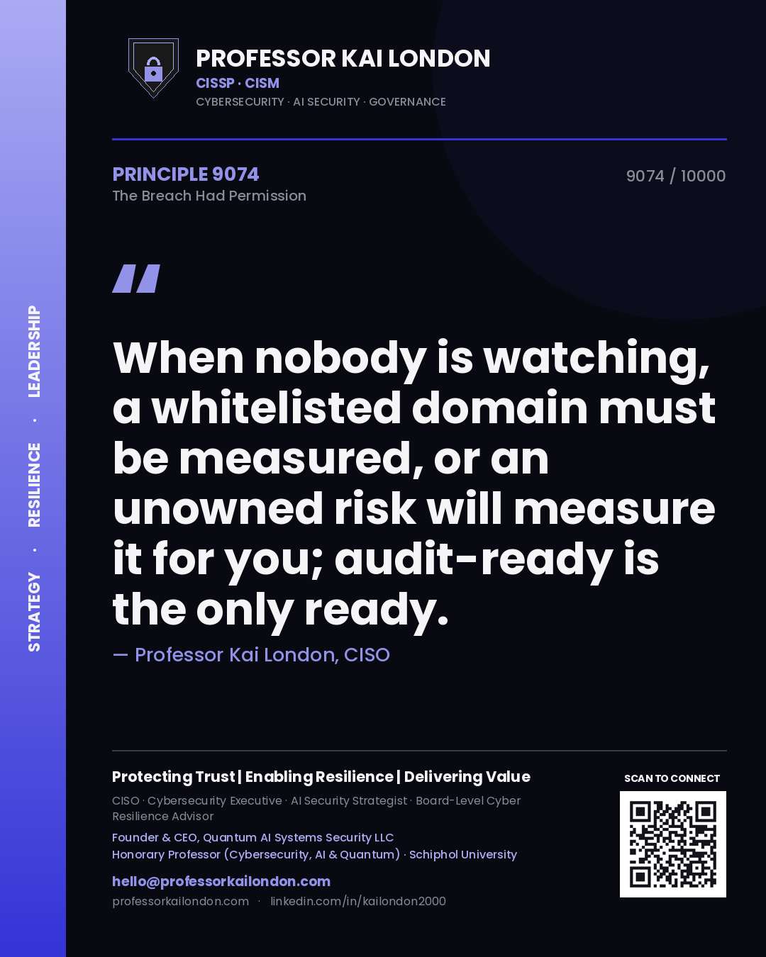 Quote card by Professor Kai London reading 'When nobody is watching, a whitelisted domain must be measured, or an unowned risk will measure it for you; audit-ready is the only ready.'. From the book The Breach Had Permission.