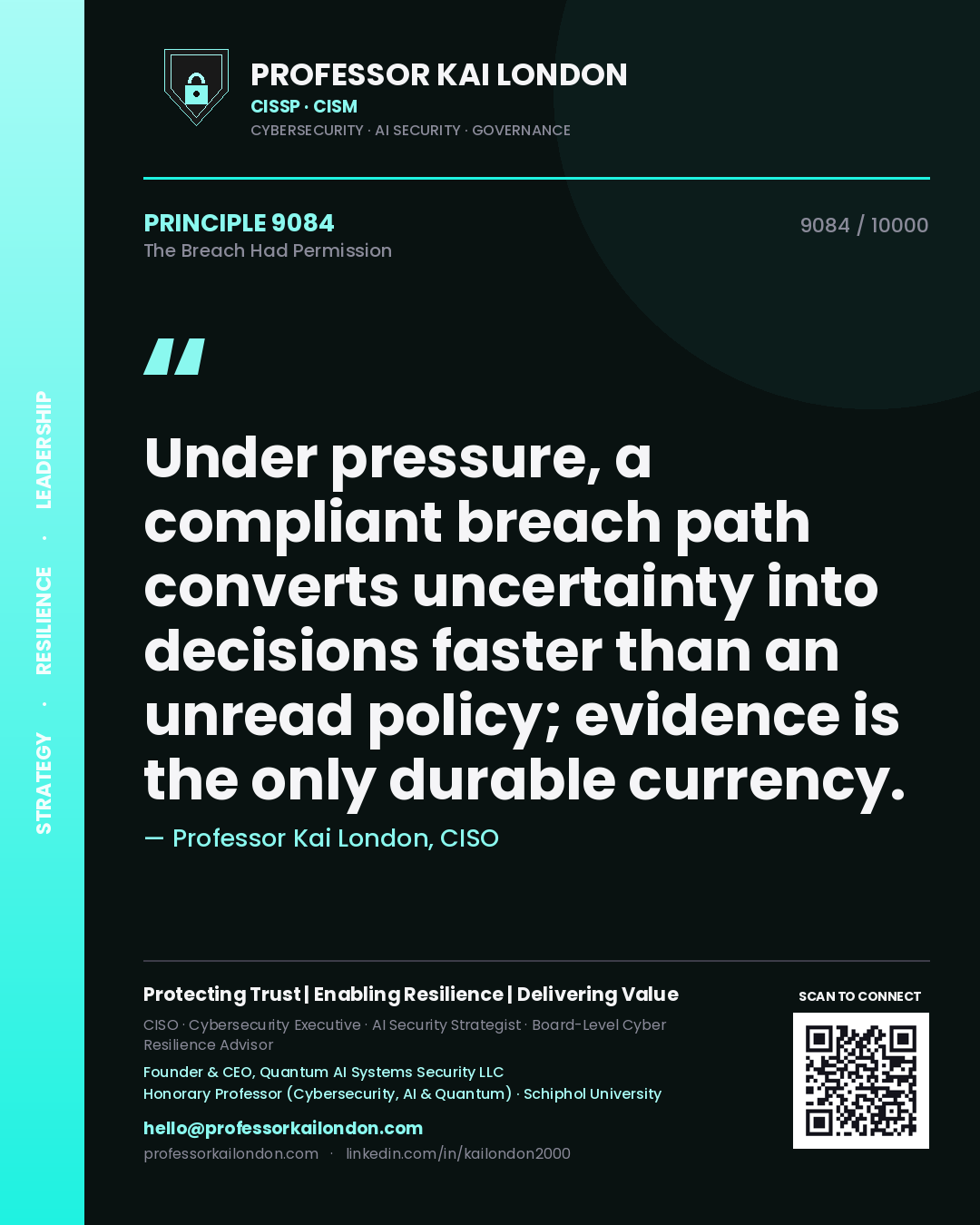 Professor Kai London principle 9084: Under pressure, a compliant breach path converts uncertainty into decisions faster than an unread policy; evidence is the only durable currency.