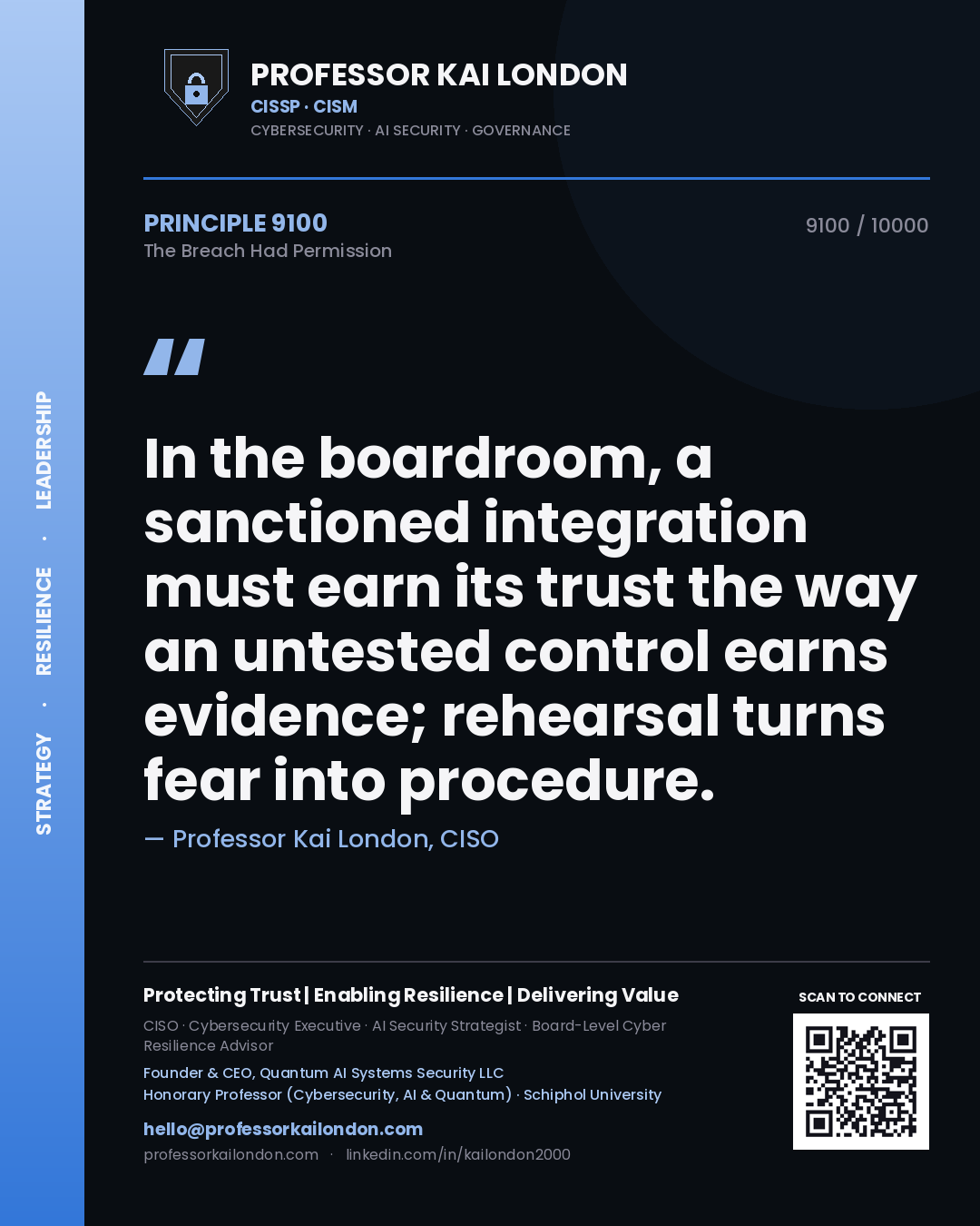 Quote card by Professor Kai London reading 'In the boardroom, a sanctioned integration must earn its trust the way an untested control earns evidence; rehearsal turns fear into procedure.'. From the book The Breach Had Permission.