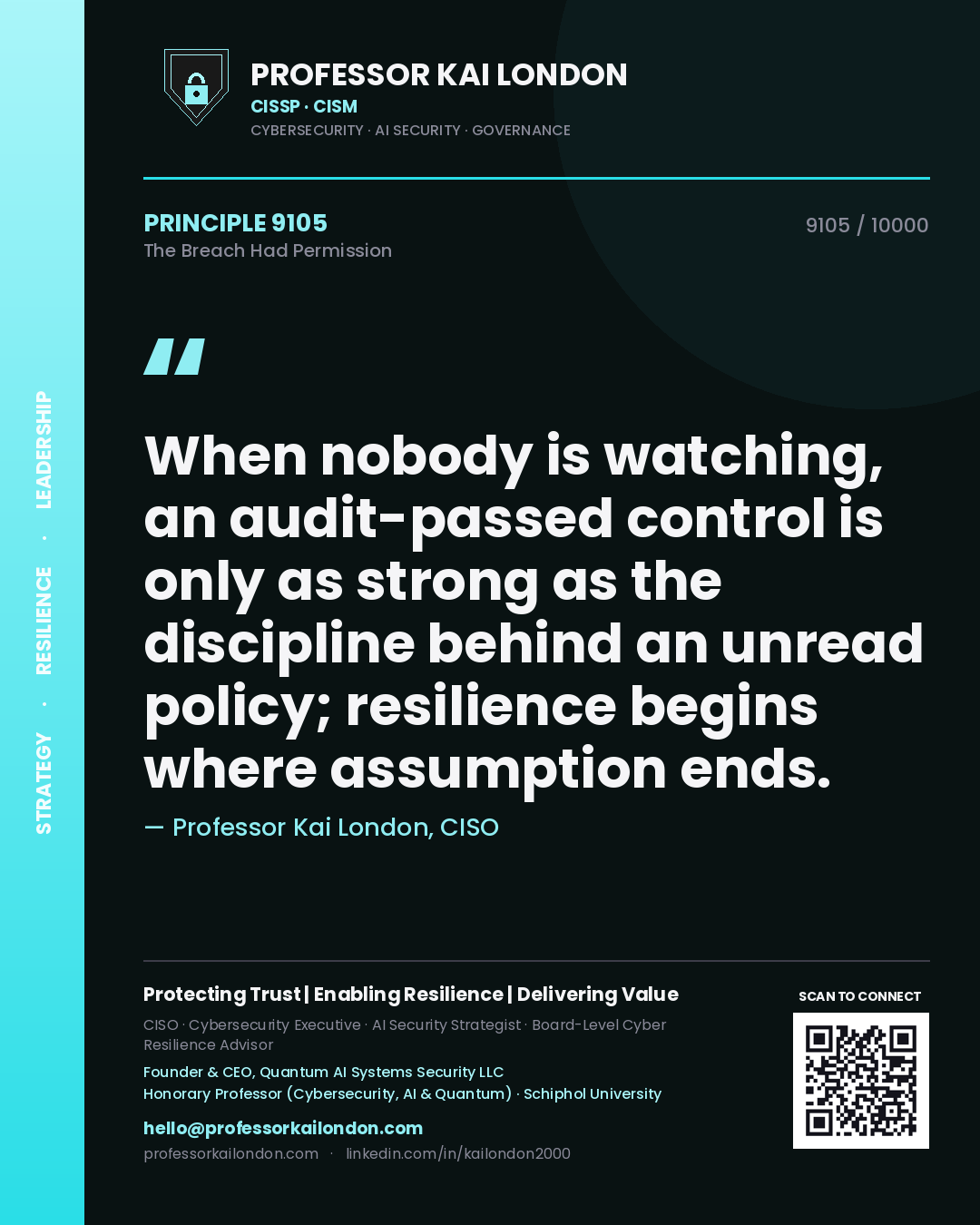Professor Kai London principle 9105: When nobody is watching, an audit-passed control is only as strong as the discipline behind an unread policy; resilience begins where assumption ends.