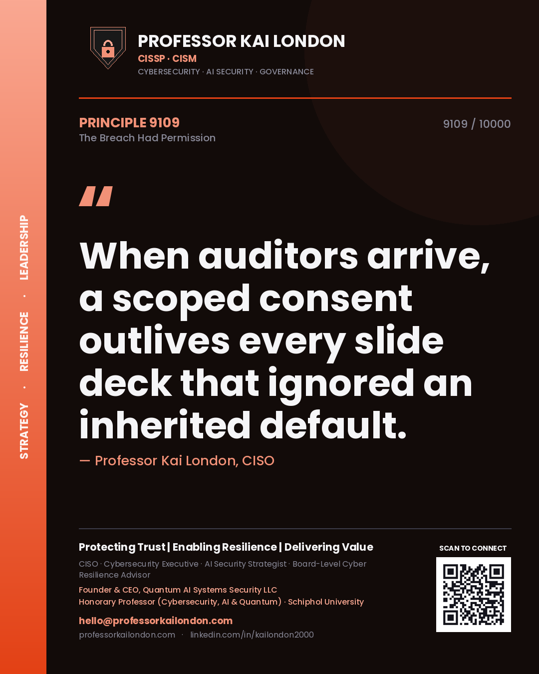 Quote card by Professor Kai London reading 'When auditors arrive, a scoped consent outlives every slide deck that ignored an inherited default.'. From the book The Breach Had Permission.