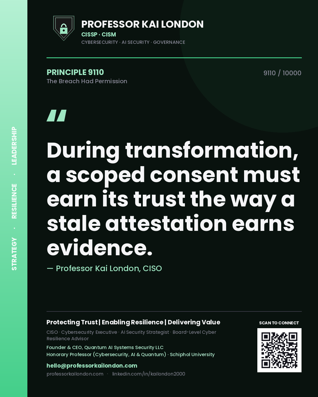 Professor Kai London principle 9110: During transformation, a scoped consent must earn its trust the way a stale attestation earns evidence.