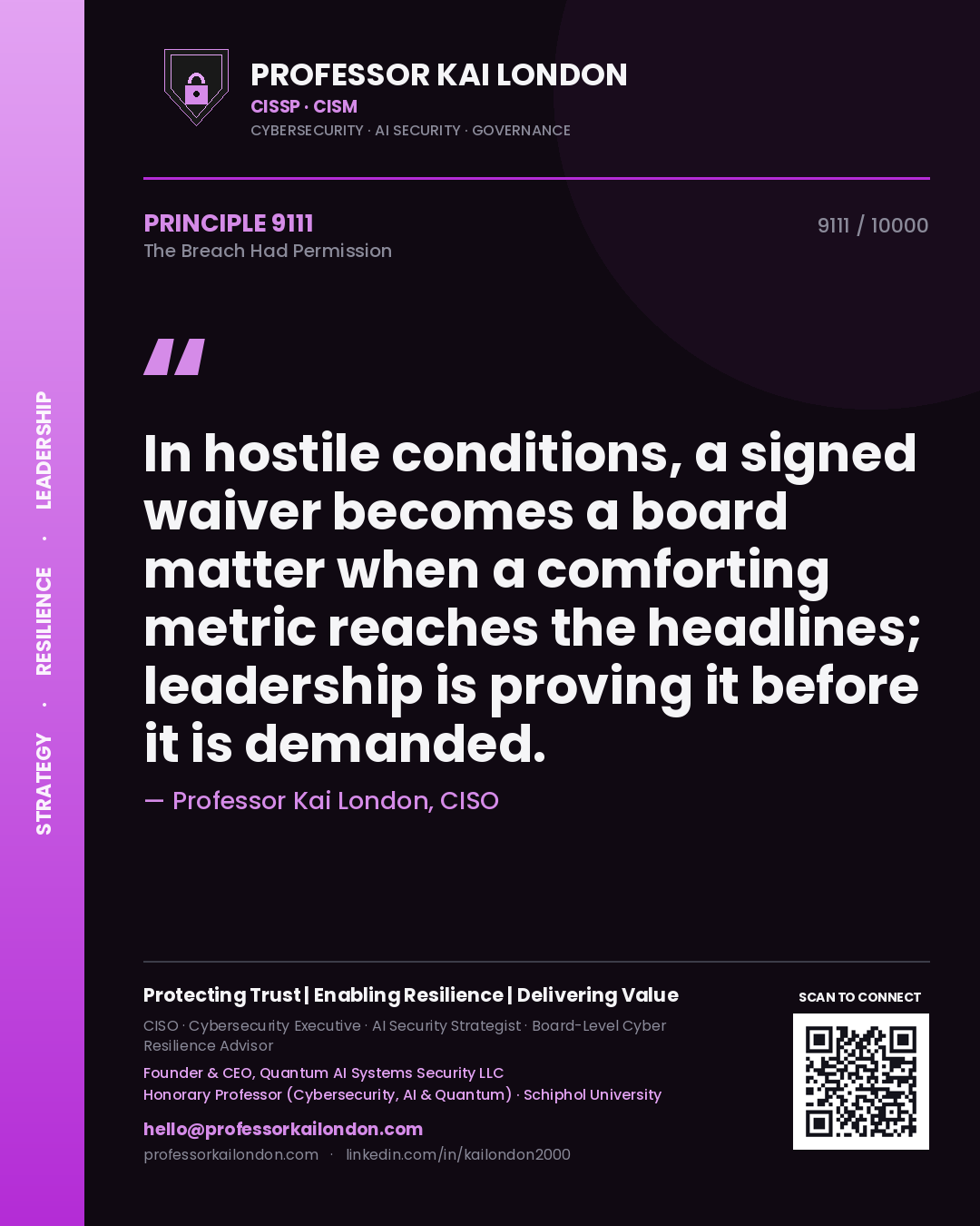 Professor Kai London principle 9111: In hostile conditions, a signed waiver becomes a board matter when a comforting metric reaches the headlines; leadership is proving it before it is demanded.