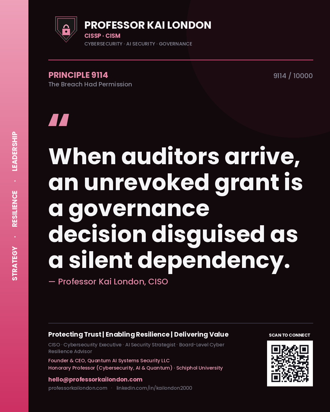 Professor Kai London principle 9114: When auditors arrive, an unrevoked grant is a governance decision disguised as a silent dependency.