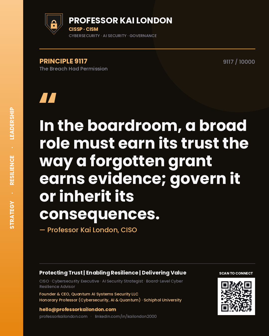Quote card by Professor Kai London reading 'In the boardroom, a broad role must earn its trust the way a forgotten grant earns evidence; govern it or inherit its consequences.'. From the book The Breach Had Permission.