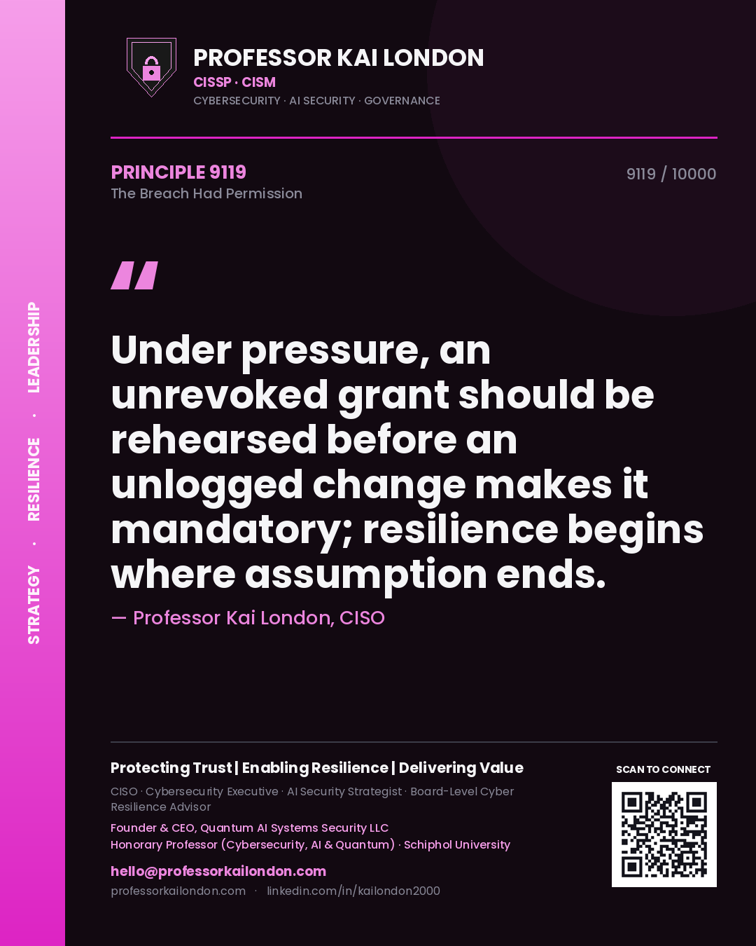 Professor Kai London principle 9119: Under pressure, an unrevoked grant should be rehearsed before an unlogged change makes it mandatory; resilience begins where assumption ends.
