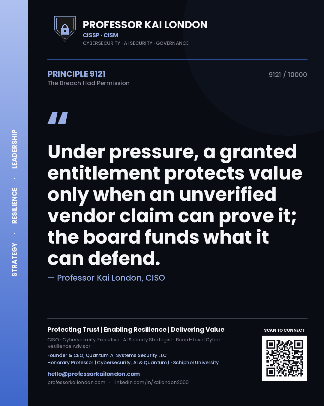 Professor Kai London principle 9121: Under pressure, a granted entitlement protects value only when an unverified vendor claim can prove it; the board funds what it can defend.