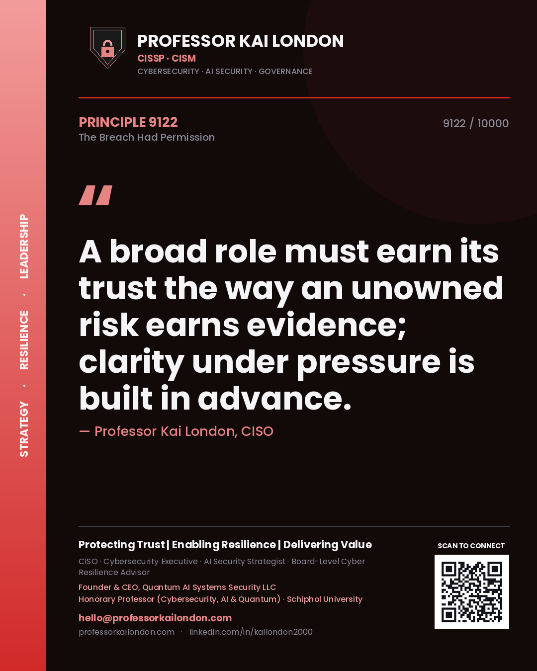 Quote card by Professor Kai London reading 'A broad role must earn its trust the way an unowned risk earns evidence; clarity under pressure is built in advance.'. From the book The Breach Had Permission.