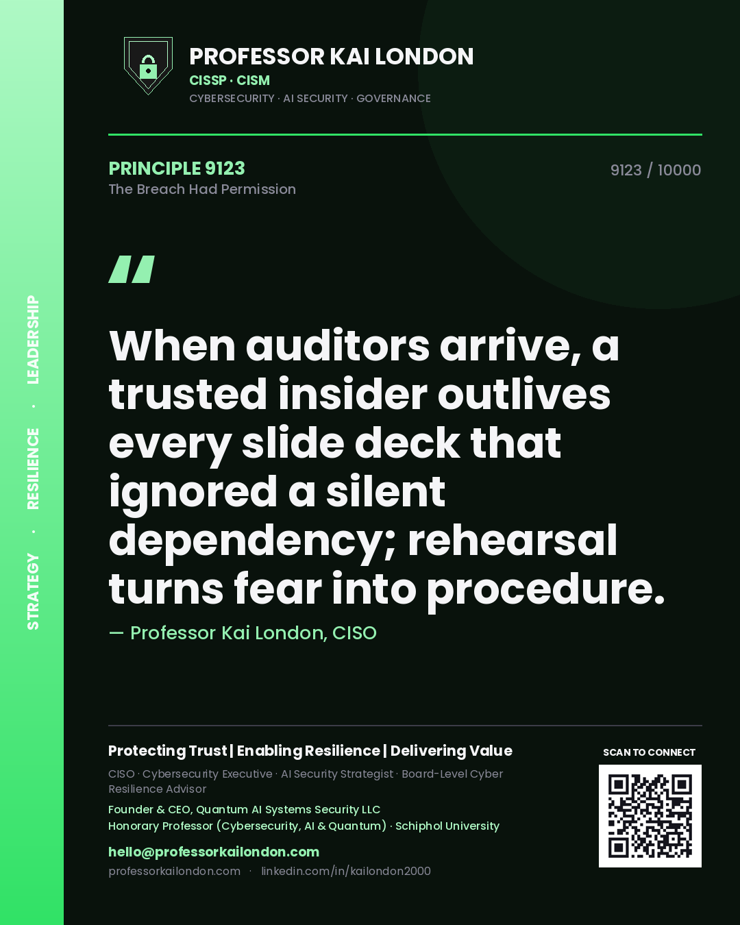 Professor Kai London principle 9123: When auditors arrive, a trusted insider outlives every slide deck that ignored a silent dependency; rehearsal turns fear into procedure.