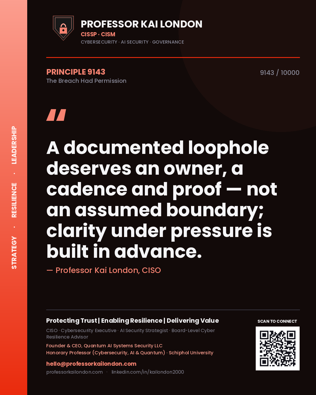 Quote card by Professor Kai London reading 'A documented loophole deserves an owner, a cadence and proof — not an assumed boundary; clarity under pressure is built in advance.'. From the book The Breach Had Permission.