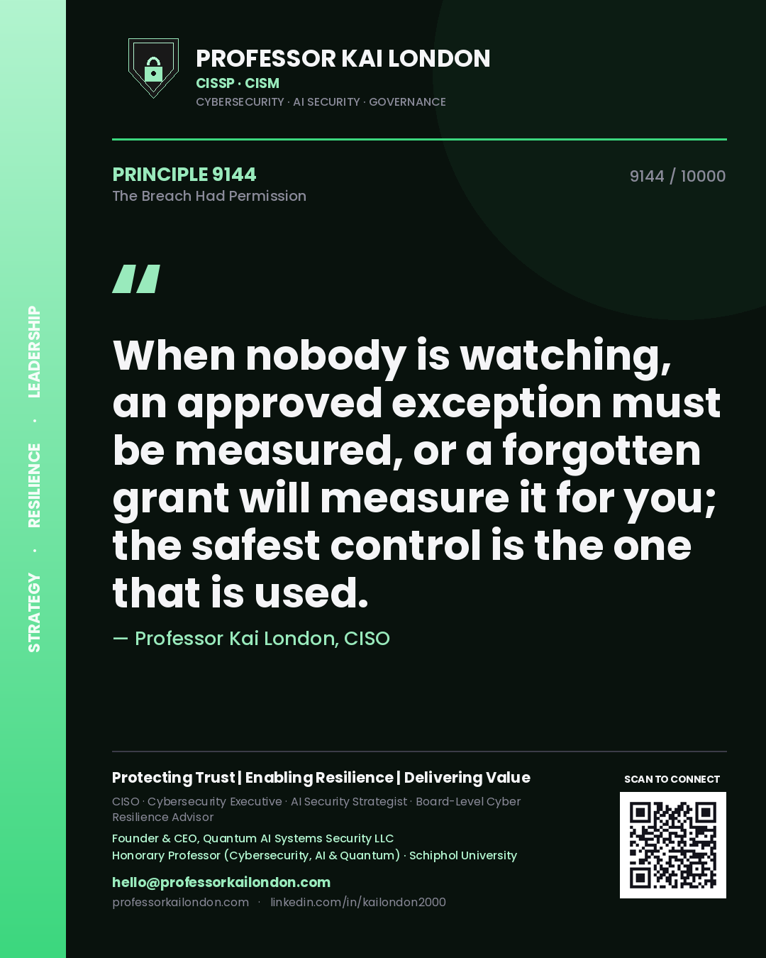 Professor Kai London principle 9144: When nobody is watching, an approved exception must be measured, or a forgotten grant will measure it for you; the safest control is the one that is used.