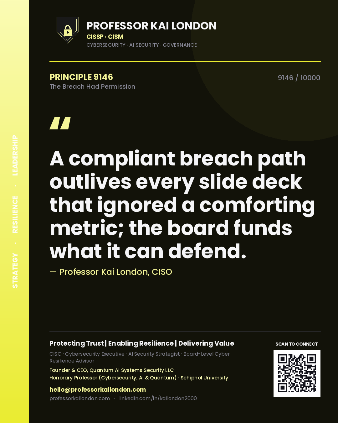 Professor Kai London principle 9146: A compliant breach path outlives every slide deck that ignored a comforting metric; the board funds what it can defend.