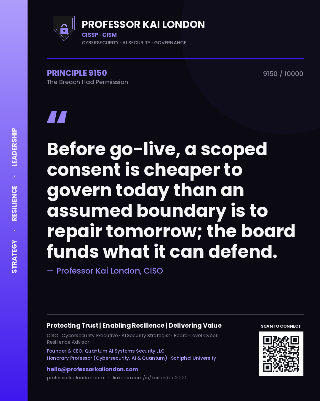 Quote card by Professor Kai London reading 'Before go-live, a scoped consent is cheaper to govern today than an assumed boundary is to repair tomorrow; the board funds what it can defend.'. From the book The Breach Had Permission.