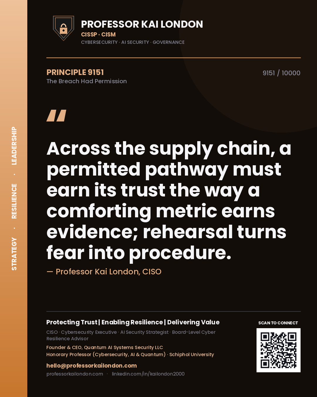 Professor Kai London principle 9151: Across the supply chain, a permitted pathway must earn its trust the way a comforting metric earns evidence; rehearsal turns fear into procedure.