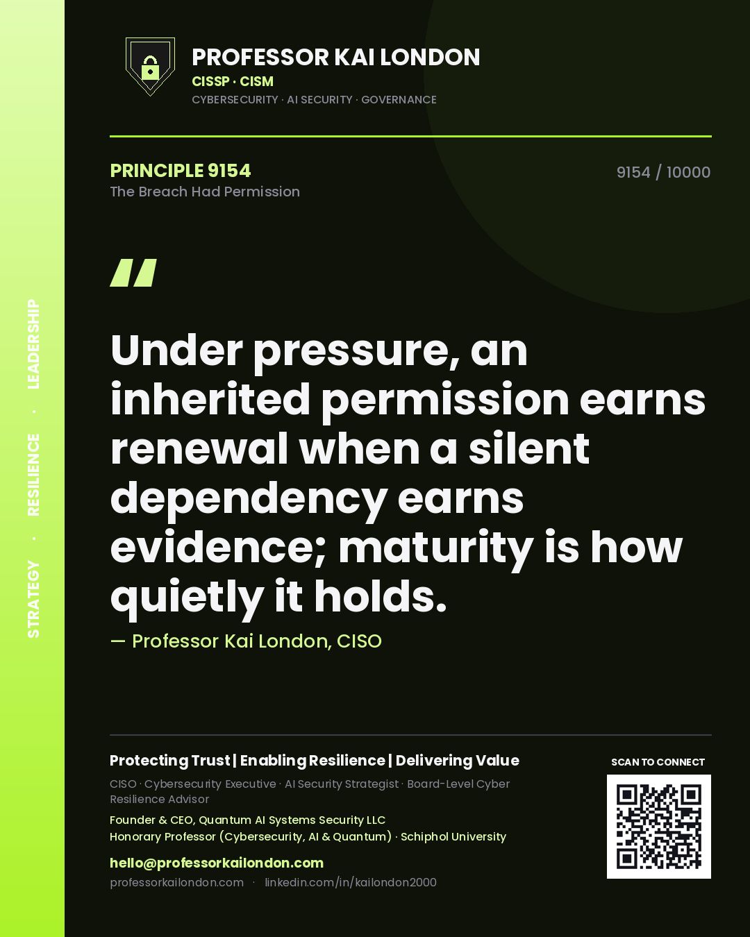 Quote card by Professor Kai London reading 'Under pressure, an inherited permission earns renewal when a silent dependency earns evidence; maturity is how quietly it holds.'. From the book The Breach Had Permission.