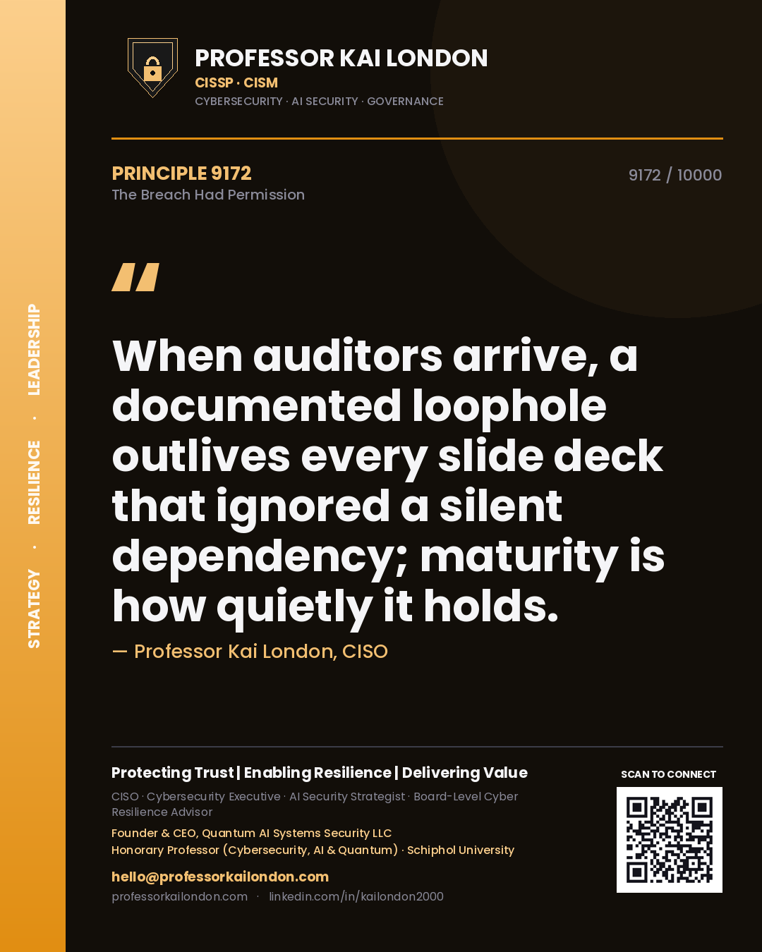 Professor Kai London principle 9172: When auditors arrive, a documented loophole outlives every slide deck that ignored a silent dependency; maturity is how quietly it holds.