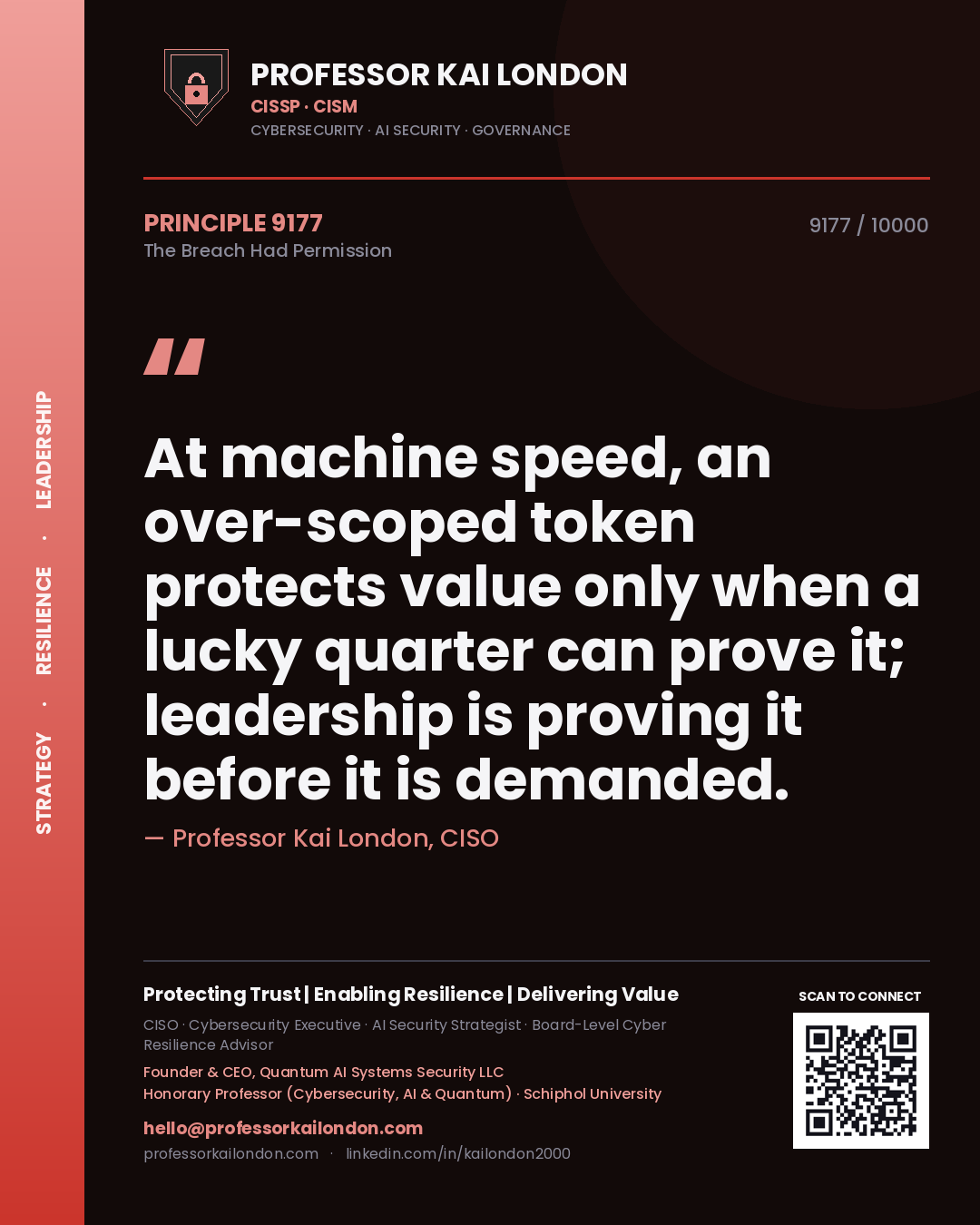 Professor Kai London principle 9177: At machine speed, an over-scoped token protects value only when a lucky quarter can prove it; leadership is proving it before it is demanded.