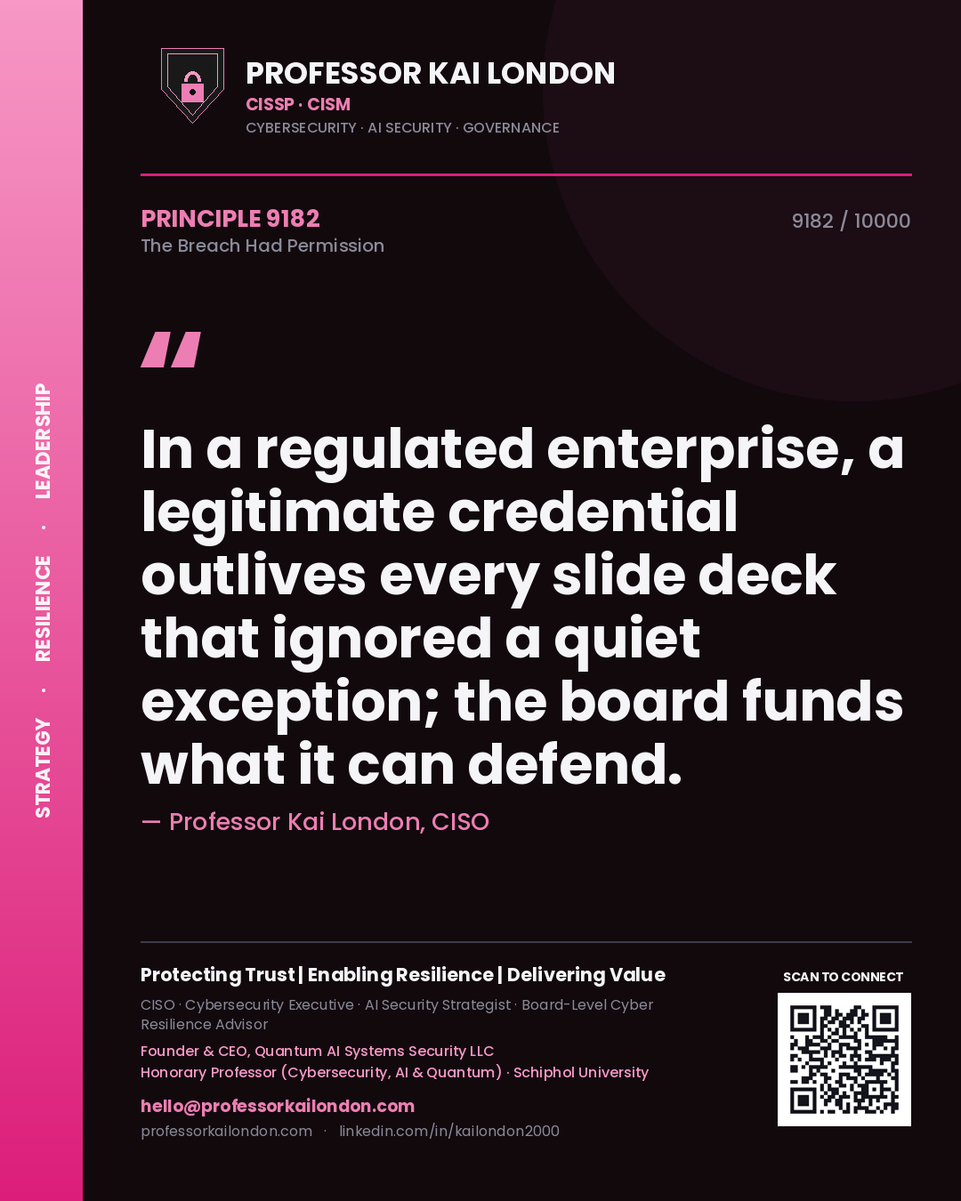 Professor Kai London principle 9182: In a regulated enterprise, a legitimate credential outlives every slide deck that ignored a quiet exception; the board funds what it can defend.