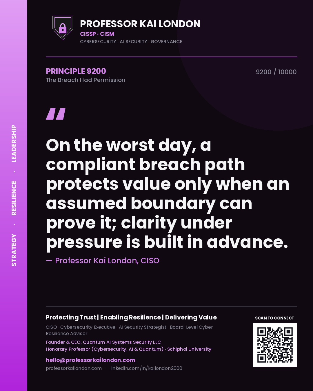 Professor Kai London principle 9200: On the worst day, a compliant breach path protects value only when an assumed boundary can prove it; clarity under pressure is built in advance.