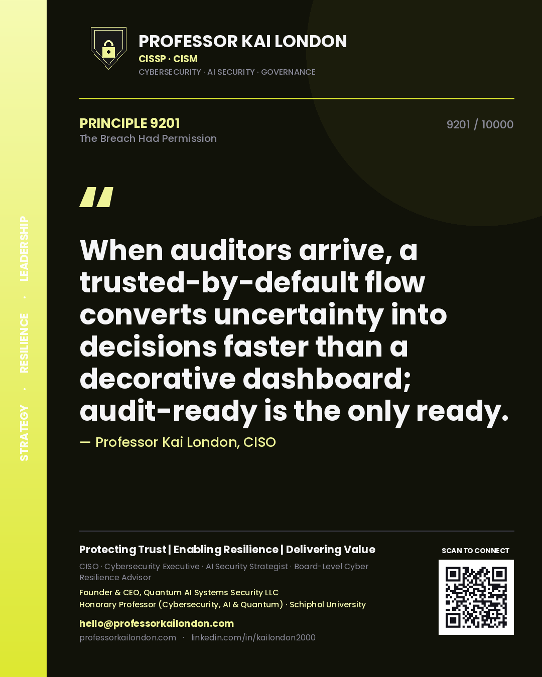 Quote card by Professor Kai London reading 'When auditors arrive, a trusted-by-default flow converts uncertainty into decisions faster than a decorative dashboard; audit-ready is the only ready.'. From the book The Breach Had Permission.