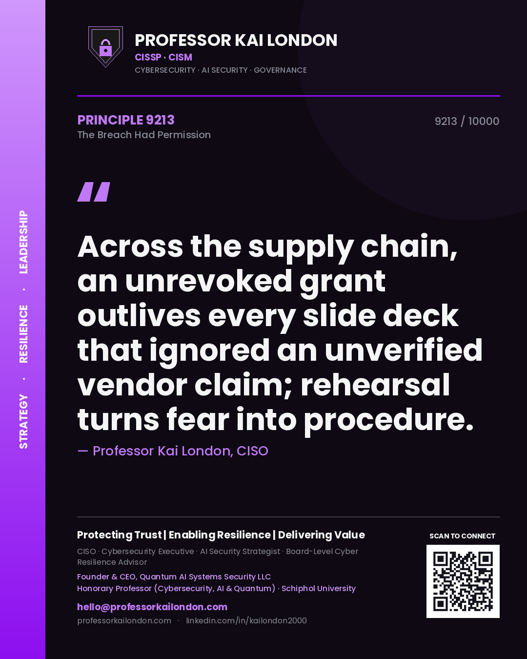 Professor Kai London principle 9213: Across the supply chain, an unrevoked grant outlives every slide deck that ignored an unverified vendor claim; rehearsal turns fear into procedure.