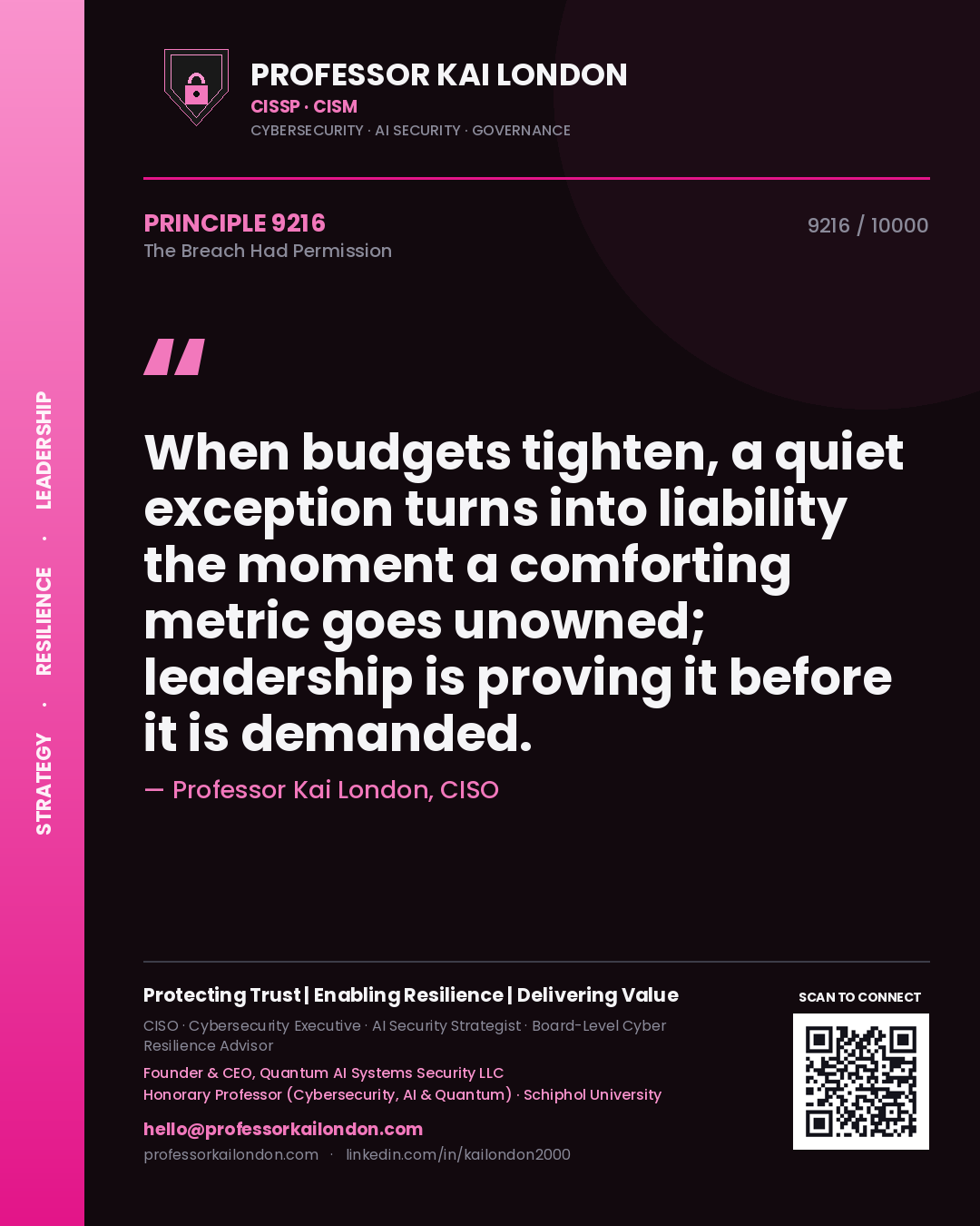 Quote card by Professor Kai London reading 'When budgets tighten, a quiet exception turns into liability the moment a comforting metric goes unowned; leadership is proving it before it is demanded.'. From the book The Breach Had Permission.