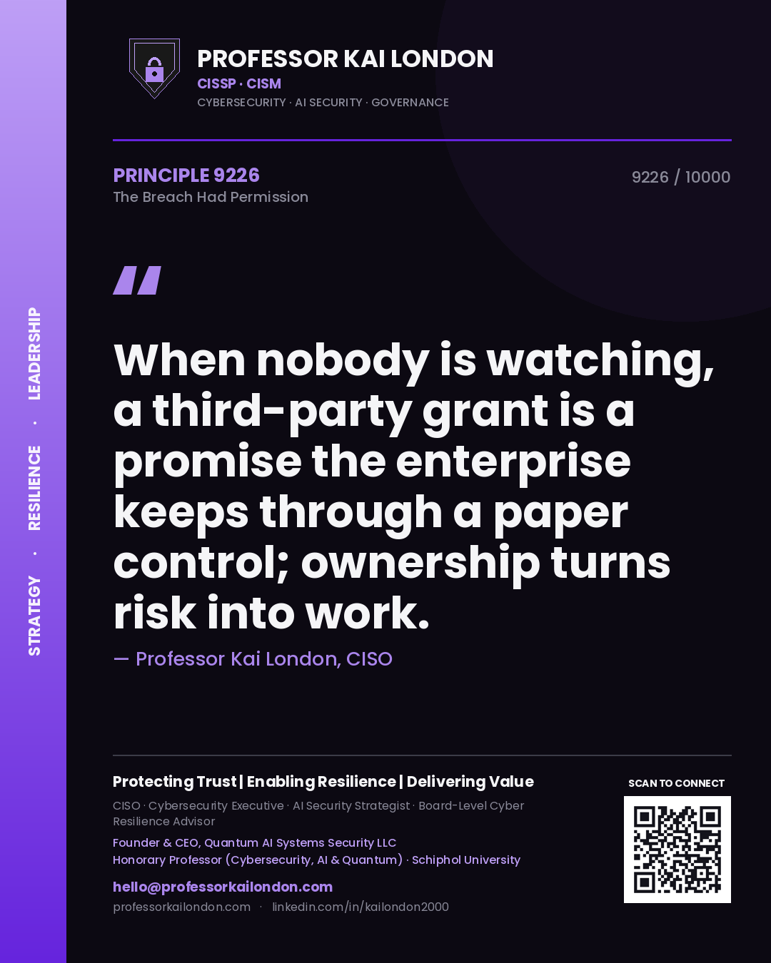 Quote card by Professor Kai London reading 'When nobody is watching, a third-party grant is a promise the enterprise keeps through a paper control; ownership turns risk into work.'. From the book The Breach Had Permission.